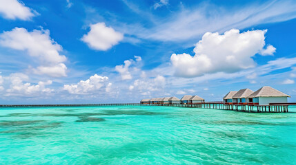 Maldivian daytime view of the island and water villas with a gorgeous sky and lovely clouds. Generative Ai