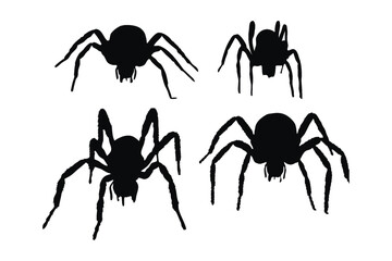 Spider full body silhouette collection. Wild insects sitting, silhouettes on a white background. Furry spiders and insects sitting in different positions. Dangerous tarantula spiders silhouette bundle