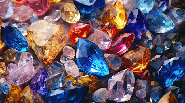 Collection of many different natural gemstones: amethyst, lapis lazuli, rose quartz, citrine, ruby, amazonite, moonstone, labradorite, chalcedony, blue topaz and many more. Generative AI