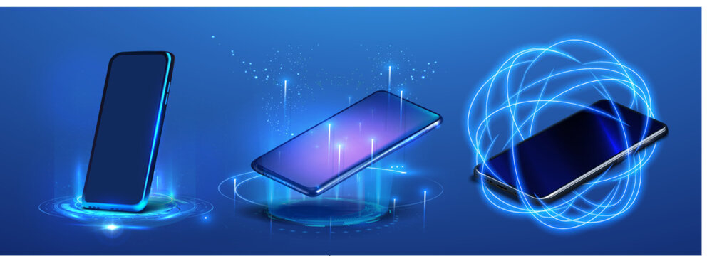 Mockup of smartphone with black screen and abstract flare trails, circle blue light isolated on black background Realistic phone with blank screen. Smartphone perspective view with blank screen.