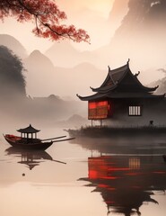 Obraz premium Traditional painting chinese ink red landscape. Painting of hills and japanese house and gondola, trees on a textured paper. Old Asian, japanese design. vector ,Beautiful artwork.
