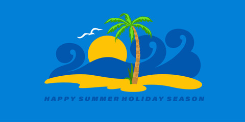Fototapeta na wymiar Summer 2023 holiday card design. Sea shore, waves, beach, palm, sun. Paradise, relax, tourism, resort concept.