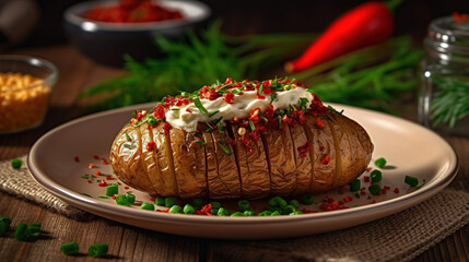 Fototapeta na wymiar Baked potato with spices, herbs and ketchup in a plate on the wooden table. Generative Ai