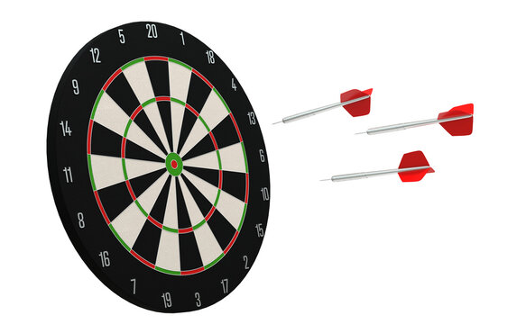3 fl&eacute;chettes dans la cible trois fois vingt, cible de fl&eacute;chettes - fond blanc - rendu 3D