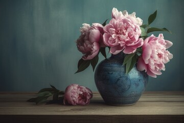 Tranquil Beauty: A Captivating Photo of Flowers in a Blue Vase, Adorning a Wooden Table with Rustic Charm
