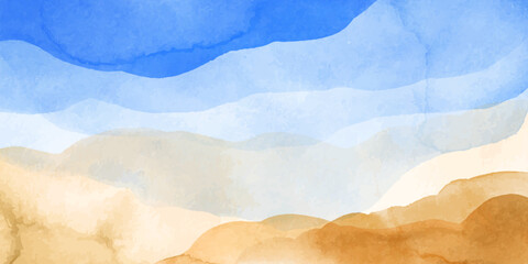 Blue, turquoise, yellow, beige abstract watercolor background. Colorful hand painted texture, wash. Water, sea, sand art. Waves and beach illustration. © olechkaart