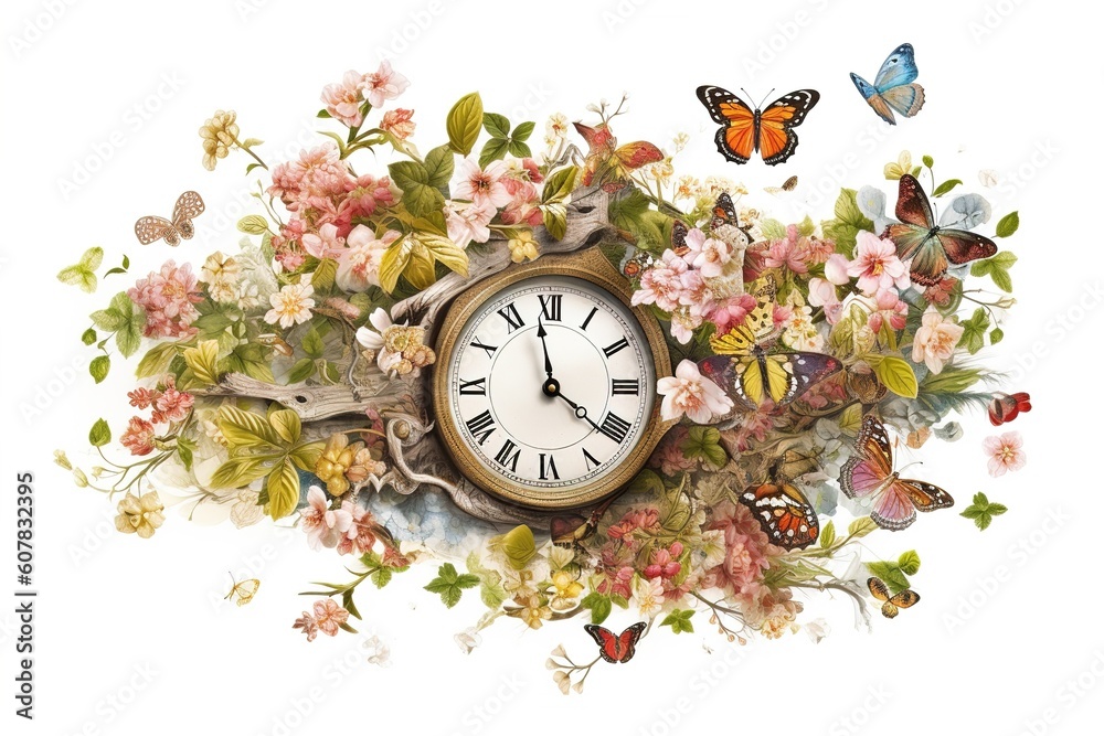 Poster spring concept. clock with flowers isolated on white background. Generated by AI.