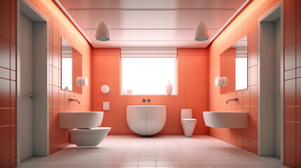 Interior of colorful restroom with toilet bowl and chest of drawers. Generative Ai