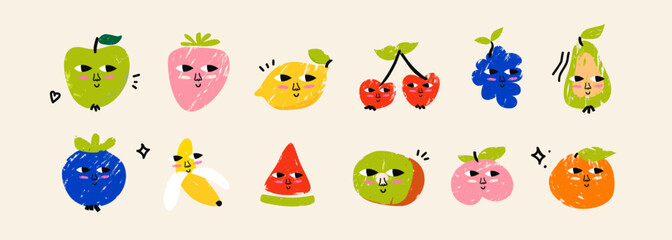 Cute trendy fruits and berries, drawn with marker, in the style of a child's drawing. Trending characters with funny faces. Pack of textured vector elements. Bright children's illustrations.