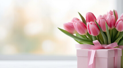 Pink tulips flowers and gift or present box pink background. Mothers Day, Birthday, Valentines Day, Womens Day, celebration concept. Space for text. Generative Ai