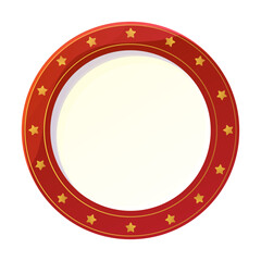 Holiday plate, bright empty dish top view with golden stars, border ornament Christmas decoration in cartoon style isolated on white background.