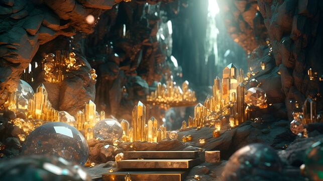 treasure in a cave. gold and diamonds