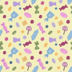 Seamless pattern with sweets and sweet treats. Digital paper, hand-drawn.