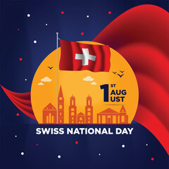 Swiss national day Social Media Post Design, Independence Day of Switzerland banner with retro abstract geometric shapes. Switzerland flag with landscape landmarks Vector Illustration 
