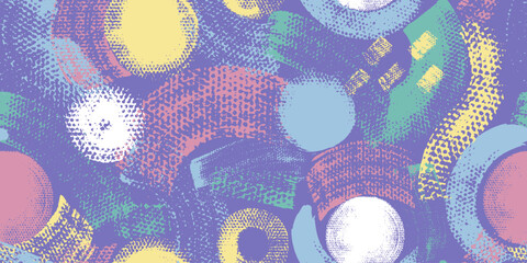 Hand painted seamless pattern with various abstract shapes, brush strokes, squares, circles, waves, color blocks. Grunge texture. Endless colorful background. Print for fabric, clothes, wallpaper. © olechkaart