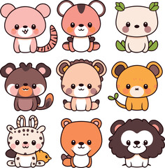 Group of cute baby animals, These cute animal illustrations are bound to bring a smile to your face! Each adorable drawing captures the essence of various animals in a whimsical and endearing style.