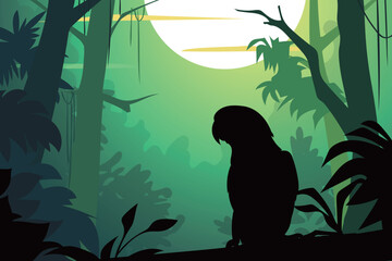 Silhouette of a parrot in a jungle