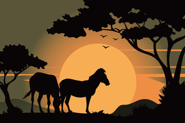 Fototapeta na wymiar Zebras silhouetted in a prairie sunset