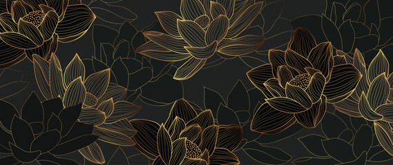 Luxury hand drawn lotus flowers background vector. Elegant gradient gold lotus flowers line art, leaves on dark background. Oriental design for wedding invitation, cover, print, decoration, template.