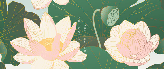 Luxury oriental flower background vector. Elegant pink lotus flowers golden line art, leaves in seamless pattern. Japanese and Chinese illustration Design for wallpaper, poster, banner, fabric.