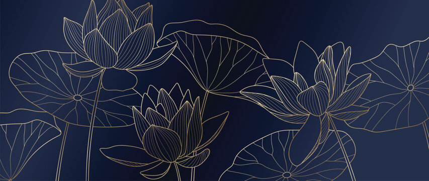 Luxury hand drawn lotus flowers background vector. Elegant gradient gold lotus flowers line art, leaves on blue background. Oriental design for wedding invitation, cover, print, decoration, template.