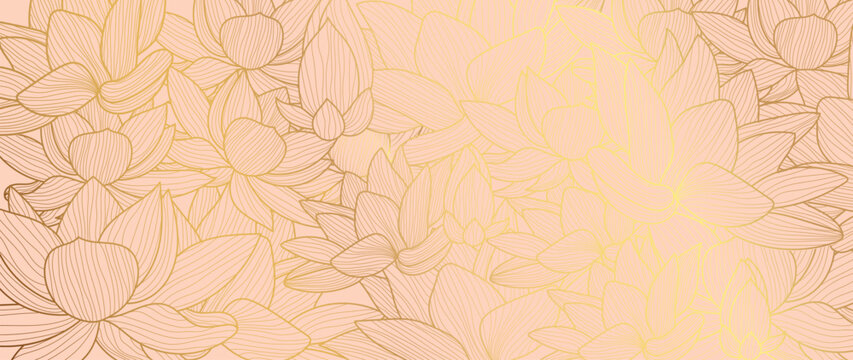 Luxury hand drawn lotus flowers background vector. Elegant gradient gold lotus flowers line art, leaves on pink background. Oriental design for wedding invitation, cover, print, decoration, template.