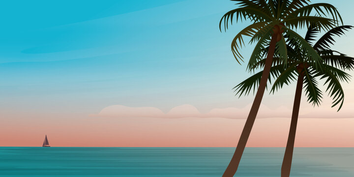 Seascape, palm tree silhouette and yacht at skyline with sunset sky background vector illustration. Summer traveling and party at the beach concept flat design with blank space.