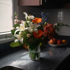 Fresh Flower Bouquet with Water Droplets on Kitchen Counter, Generative Ai.