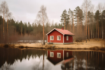 Fototapeta premium Red hut in scandinavian moody landscape. Generative AI