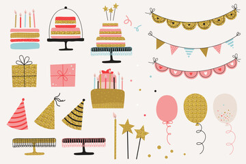 Birthday party elements set with golden glitter. Vector illustration in simple style