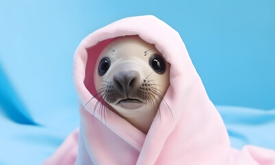 Adorable seal with towel wrapped. AI generated