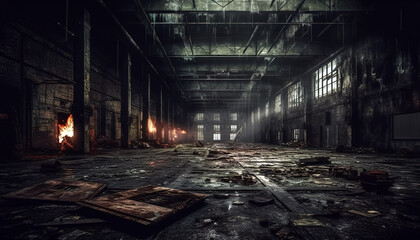 Abandoned ruined industrial building room inside interior