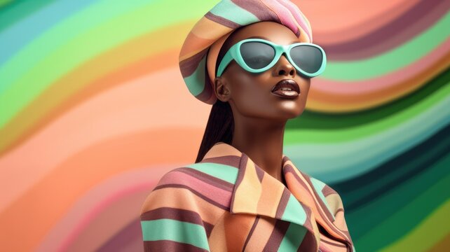 Fototapeta Young african female model posing with trendy fashion outfit and colorful pastel mood optical art abstract background. Picturesque generative AI