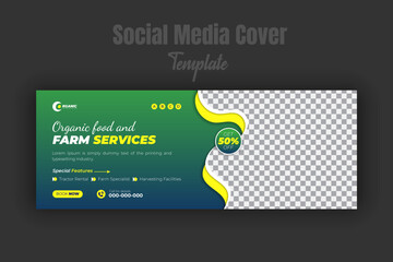 Organic food and agriculture service for social media cover or post design template, modern lawn mower garden, or landscaping service with green gradient background and and abstract yellow color shape
