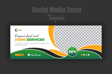 Agriculture and farming service social media cover or post and web banner design template, modern lawn mower garden, or landscaping service with abstract green gradient, orange and black color shapes