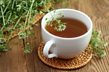 Herbal tea from herb Capsella bursa-pastoris, also known as  shepherd's purse. Herbal tea  used in traditional medicine, homeopathy and cosmetics.  Fresh  plant of shepherd's purse, wooden table.