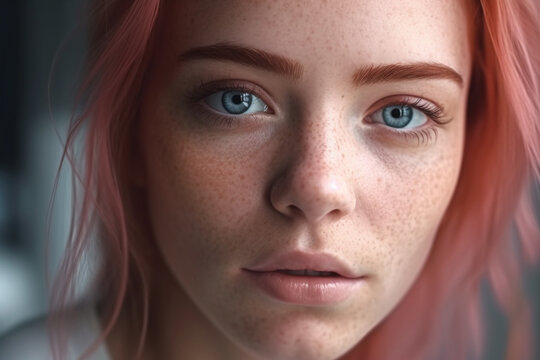 Generative AI illustration showing closeup of crop young female with bright eyes and freckled skin looking at camera against blurred background