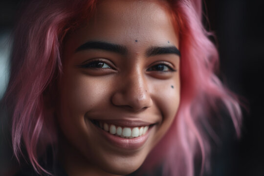 Generative AI illustration portrait of cheerful young woman with signs on her face and purple hair looking at the camera against a blurred background