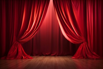 Red Satin Curtain on Maroon Stage Floor with Spotlight, Generative Ai.