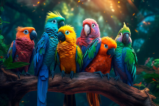 A group of birds parrots sitting on top of a tree branches. Generative AI