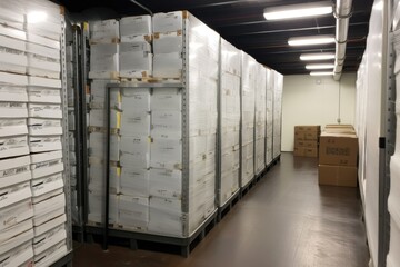 walk-in freezer filled with boxes of frozen foods, ready for shipping, created with generative ai