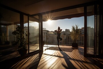 morning yoga on the balcony, lights and shadows, Generative AI