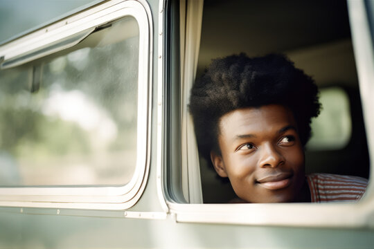 Generative AI illustration of young African American boy smiling and looking away while sitting in a van during a car journey