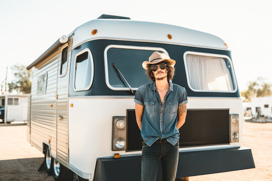 Generative AI illustration of confident young man in casual outfit and sunglasses with straw hat standing near camper van with hands behind back