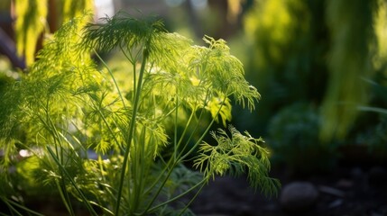Naklejka premium fennel plant growing in a garden with sunlight filtering through the leaves