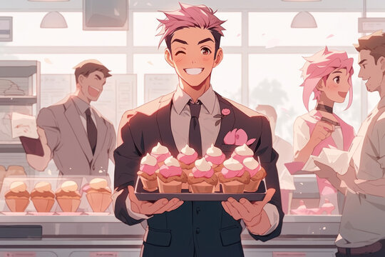Illustration in kawaii style showing happy young man with muffins working in cafe. Generative AI.