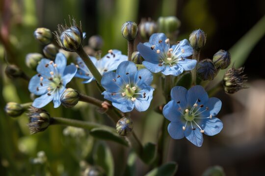 close-up of the delicate, blue flowers of a drought-tolerant plant, created with generative ai