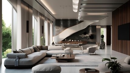 A spacious modern loft living room of luxury mansion with high ceiling. Generative AI AIG27.