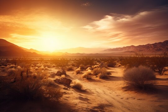 majestic desert landscape, with sunset sky and warm tones, created with generative ai