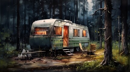 Fototapeta na wymiar Concept of camper van and camping life. Generative AI